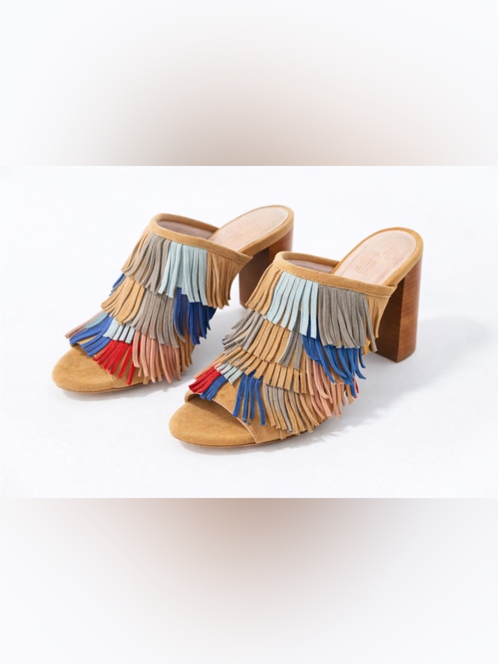 Charlotte Stone Fringe Mule Heels Size 9 Suede Multicolor Statement Shoes VGUC
